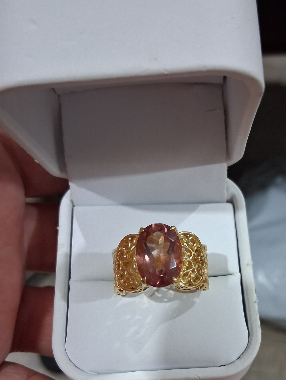 18Kt Gold over Sterling Silver 3+ Carat Solitaire Natural Morganite FiligreeRing